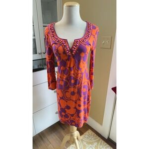Boden‎ Fitted Dress Orange Purple Flower Floral Bead Details Boho V-neck LS Sz 4